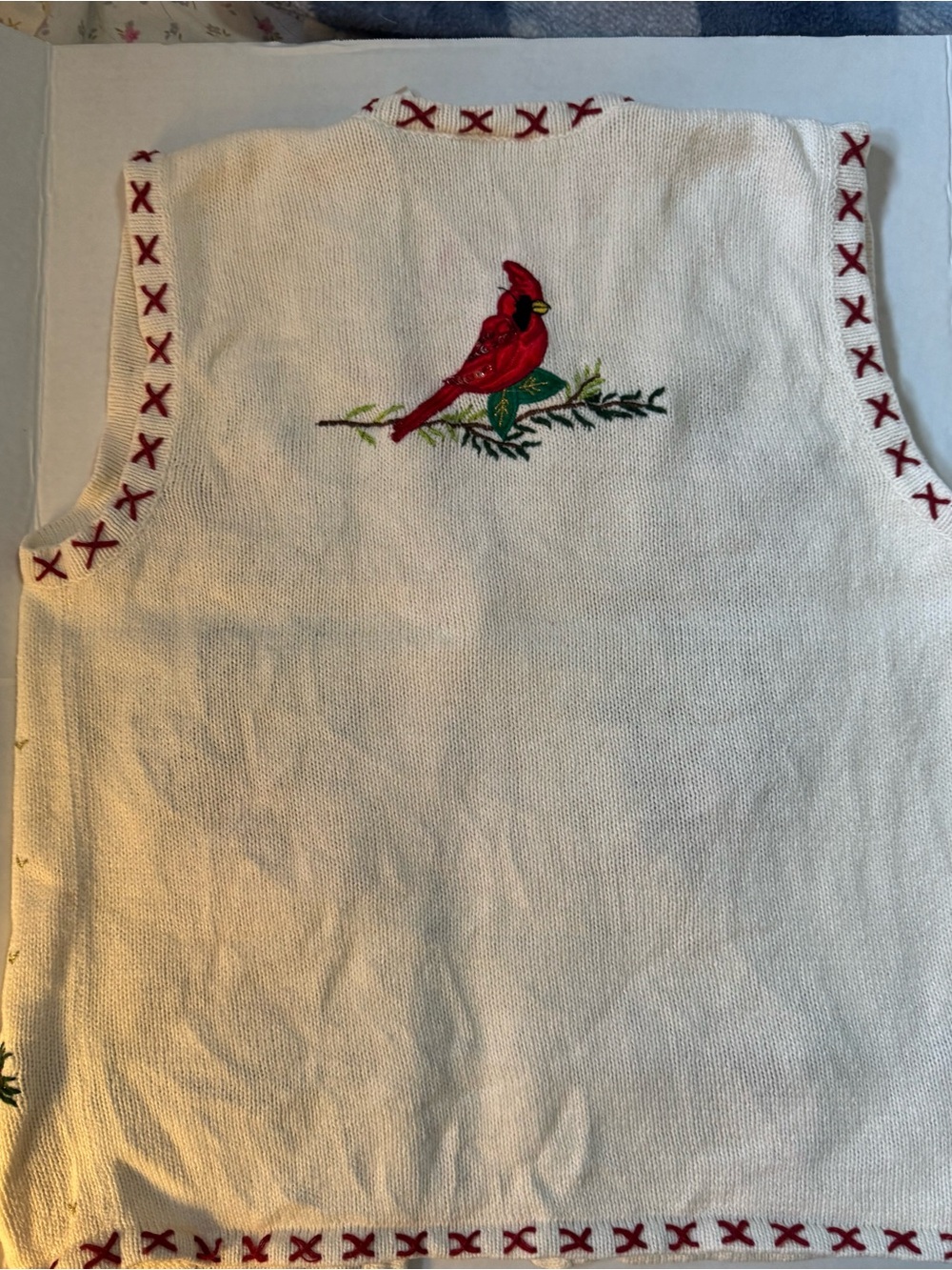 Bobbie Brooks White Embroidered Cardinal & Pinecone V-Neck Sweater Vest - Picture 2 of 13
